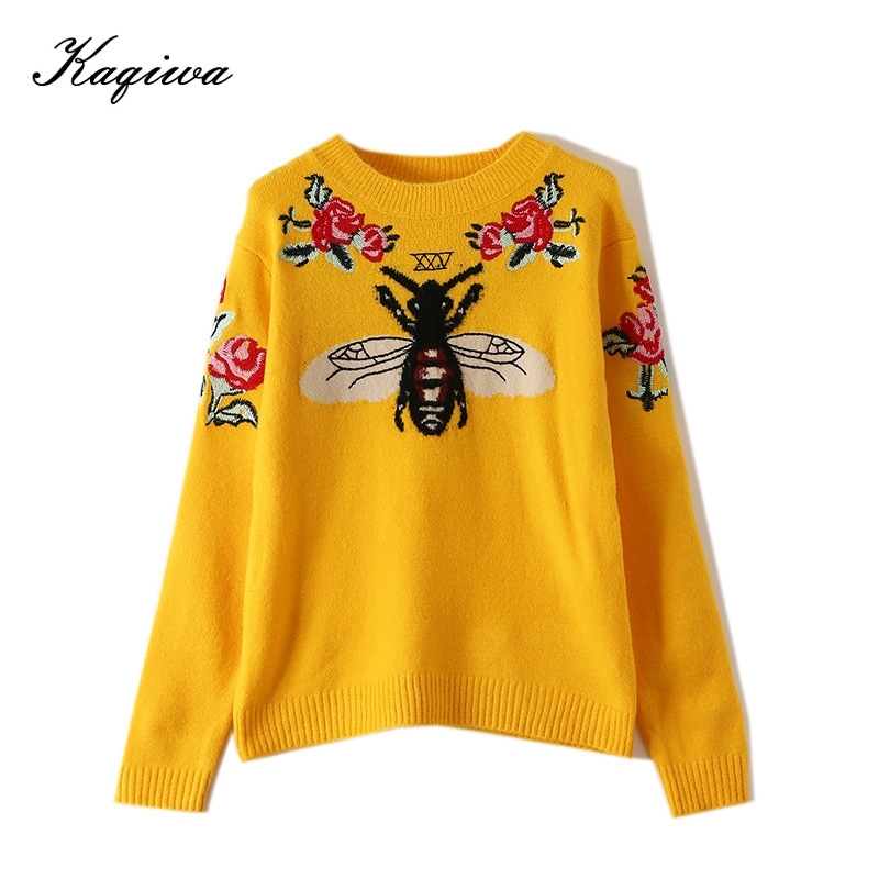 

Fashion Runway Women Sweater Autumn Winter Floral Embroidery Bee Animal Long Sleeve Yellow Pullover Jumper Tops B-006 201111