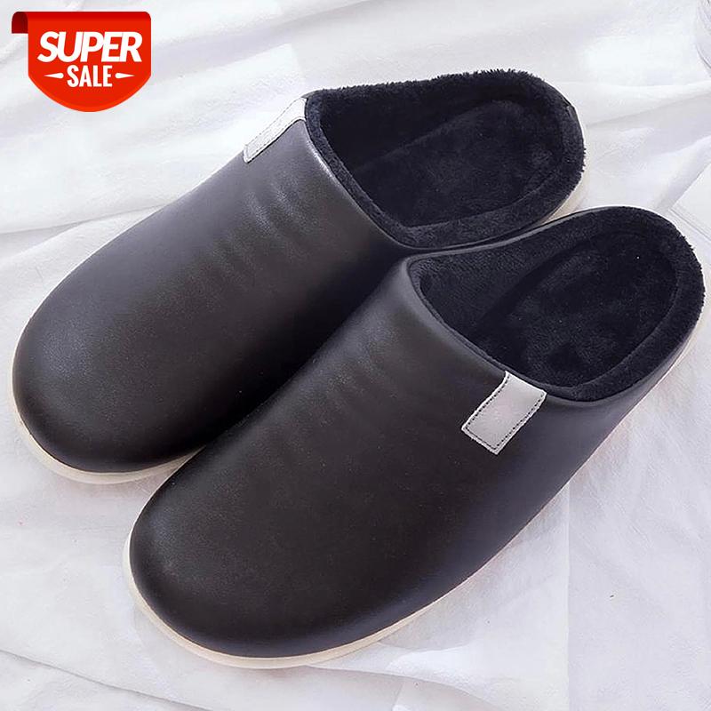 

Winter Warm Slippers Men Waterproof Plush Velvet Leather Slippers Cozy Cotton Home for Men Non Slip Soft Indoor Shoes #gf0d, Black
