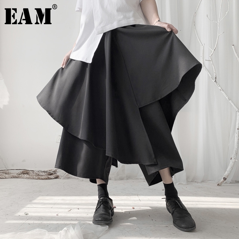 

[EAM] High Elastic Waist Black Split Layers Wide Leg Trousers New Loose Fit Pants Women Fashion Tide Spring Autumn 19A-a541 201106