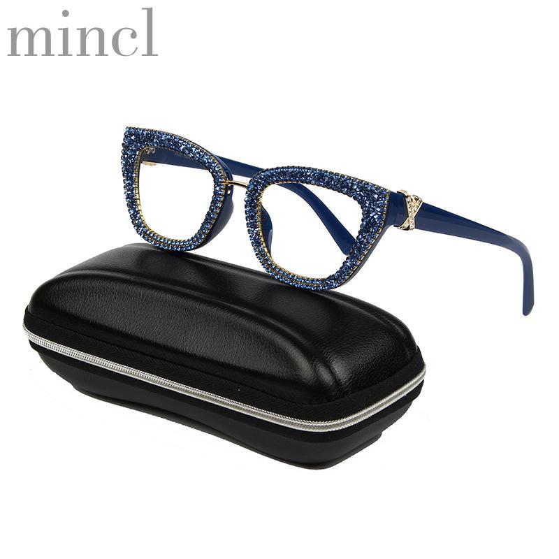 

Sunglasses MINCL 2021 Vintage Cat Eyeglasses Frame Retro Female Brand Designe Blue Rhinestone Transparent UV400 NX
