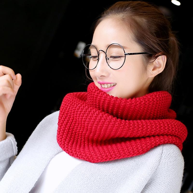 

OLOEY Winter Fashion Pure Knitted Ring Scarf Red Women Casual Thicken Warm Ladies Scarves Neck Pipe Streetwear Cover Neck female