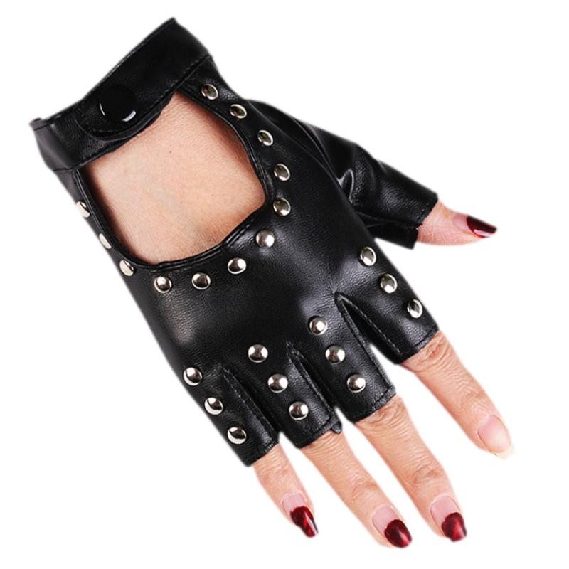 

Five Fingers Gloves Women Rivet Stage Performance Nightclub Punk Leather Half Finger Pole Dance Personality Hip Hop Queen Wear-Resistant