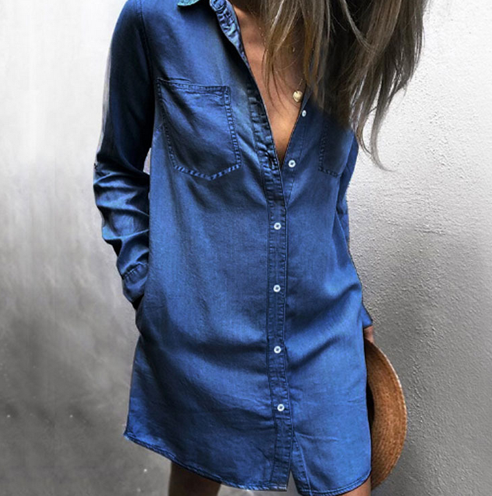 

2021 New 2colors summer t-shirt dress for women denim casual dresses loose spring autumn long sleeved buttons designer dress clothing, Blue