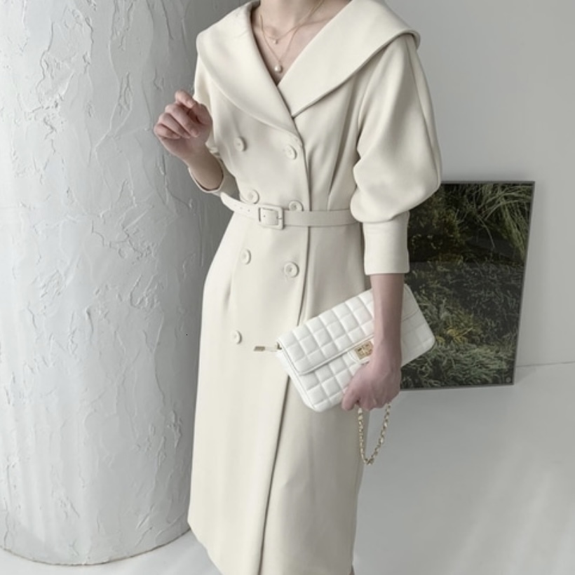 

2021 New Spring Women Elegant Fashion Double-breasted Midi Office Lady Designer Casual Slim Party Clothes Vestidos N9hg, Apricot