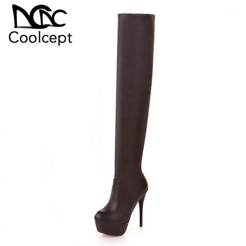 

CoolCept Size 31-43 Women High Heel Boots Over Knee Platform Shoes Female Solid Fur Botas Fashion Pointed Toe Footwear1, Black