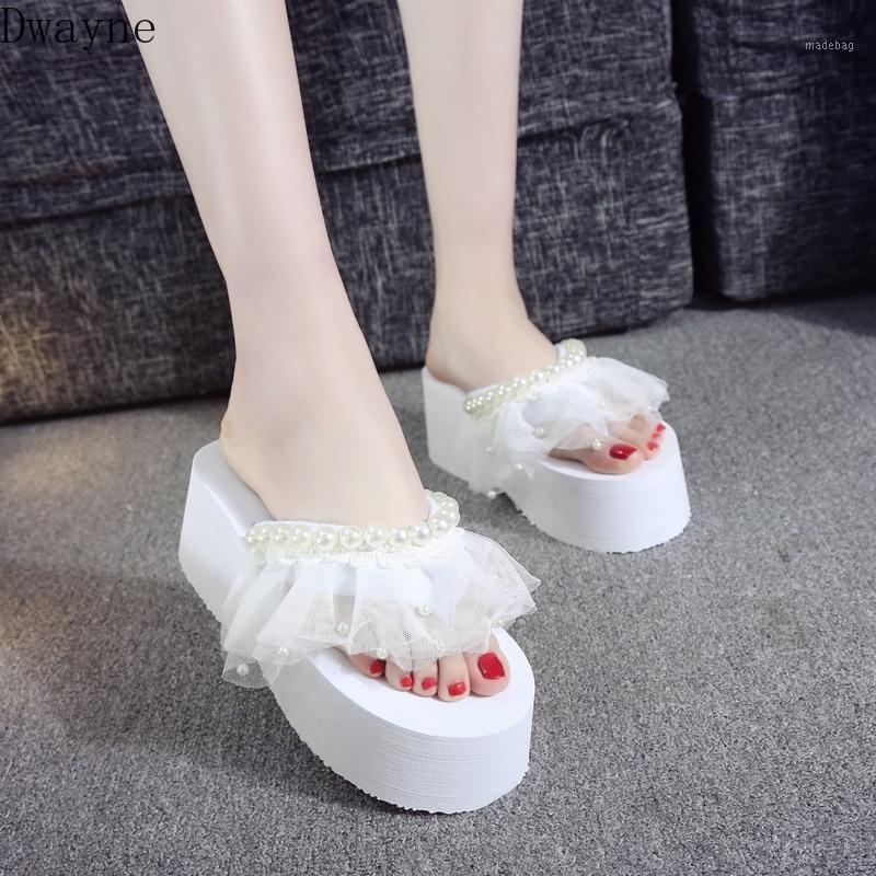 

Pearl lace slippers female summer Korean version of the sweet fashion 2020 new non-slip thick bottom flip flops1, White