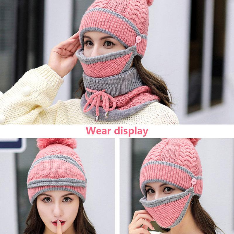 

Women Thick Warm Hat 4 IN 1 Winter Beanies Knitted Hats Female Knit Caps Headwear Face Mask Outdoor Riding Set Cycling Equipment, Black