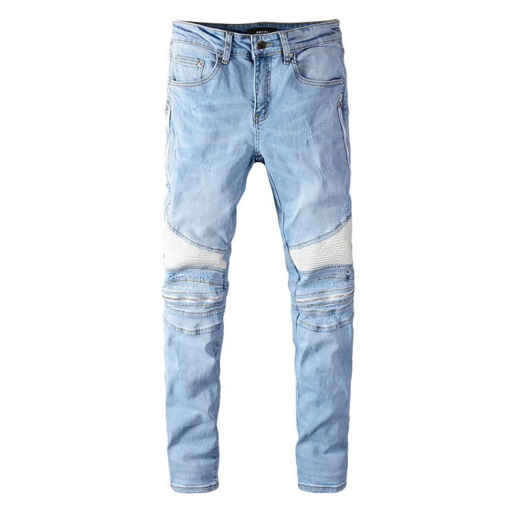 

High quality Mens jeans #630 Distressed Motorcycle biker jeans Slim Ripped hole stripe Famous Denim Men pants jeans, Blue