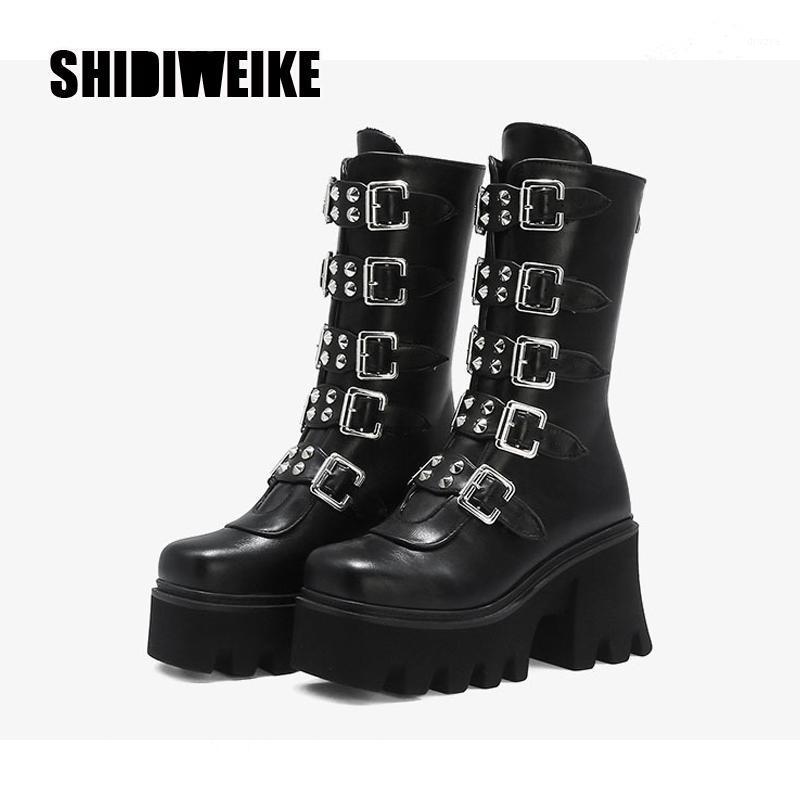 

Punk Rock Steam Studs Metal Buckle Motorcycle Boots Women Rivet Chunky Heel Short Booties Thick Platform Gothic Shoes v8621, Black