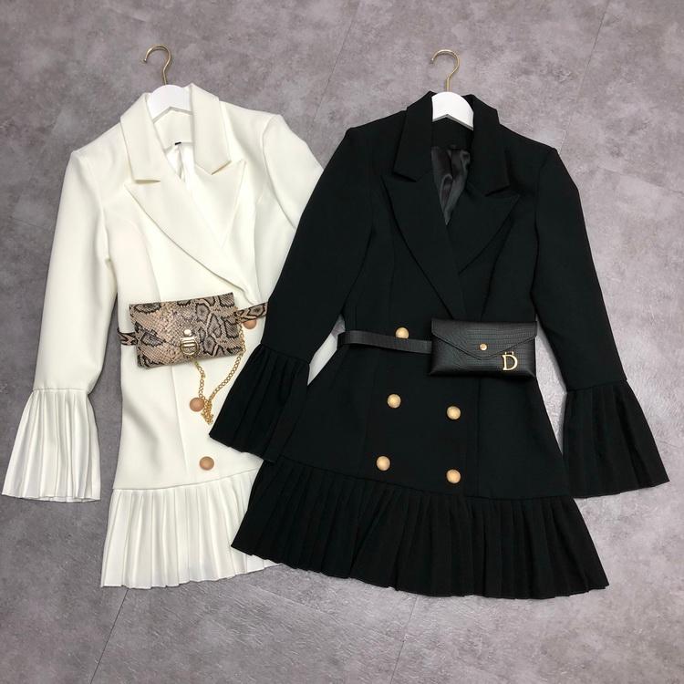 

Japanese Pleated Stitching Skirt Skirt Fairy Sleeves Loose Thin Solid Color Blazer Dress Without Belt, Black