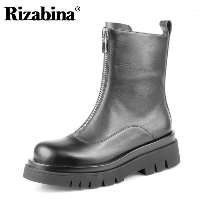 

RIZABINA Real Leather Women Mid Calf Boots Round Toe Platform Front Zipper Shoes Winter Boots Women Party Footwear Size 34-401, Black