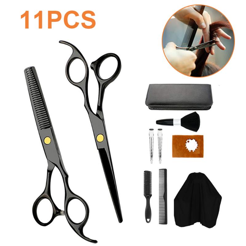 

11pcs Durable Salon With Comb Barber Cutting Shear Professional Stainless Steel Hair Scissors Set Home Thinning Cape Brush