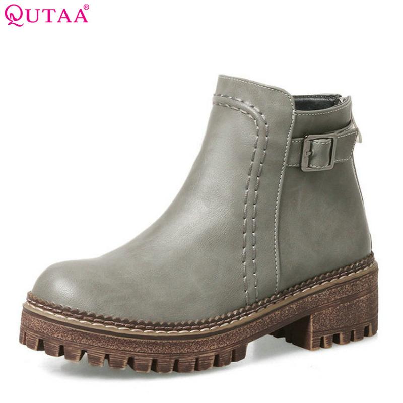

QUTAA 2021 Women Ankle Boots Pu Leather Zipper Deisgn Westrn Style Round Toe Women Square Heel Motorcycle Boots Size 33-43, Black