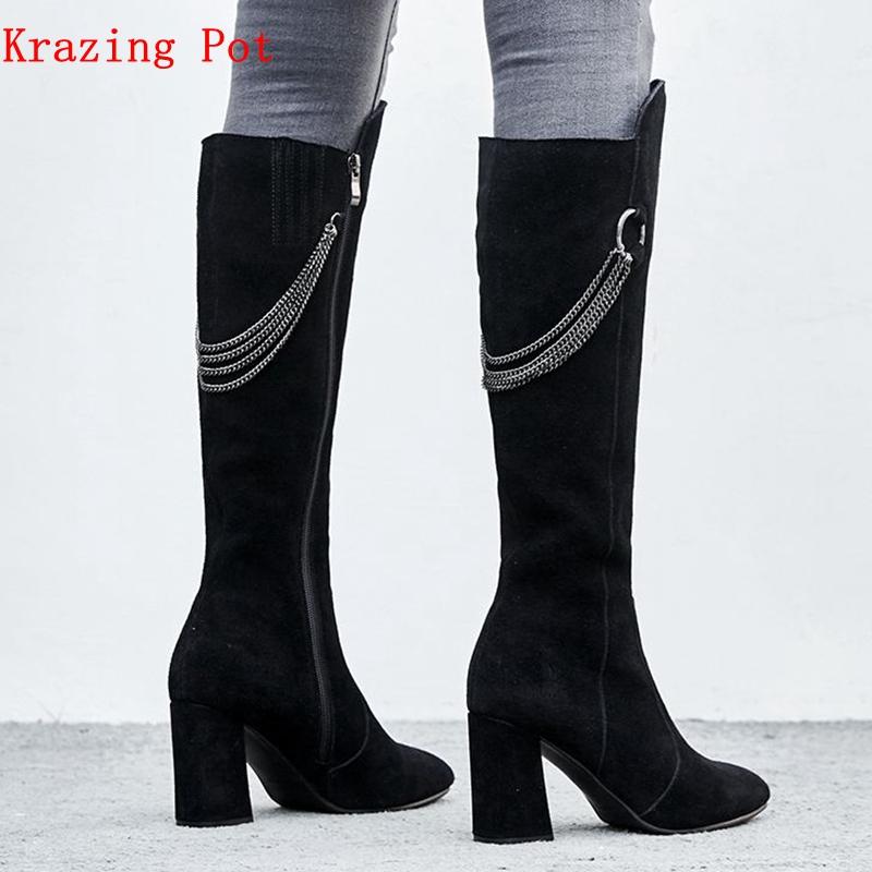

krazing pot new cow suede full grain leather round toe zipper punk rock girl high heels bigger size stretch thigh high boots L36, Black 8cm