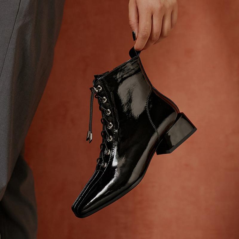 

2020 brand new winter shoes women's ankle boots patent leather gorgeous office lady daily wear square toe ankle boots femme, Black