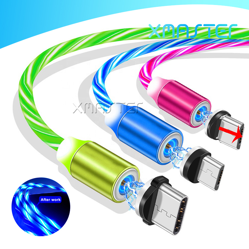 

Type C USB Cables Fast Charger LED Flowing Light Magnetic Cable Quick Charging Line 3ft 2A Micro Charge Cord for Samsung Huawei xmaster, Red+opp