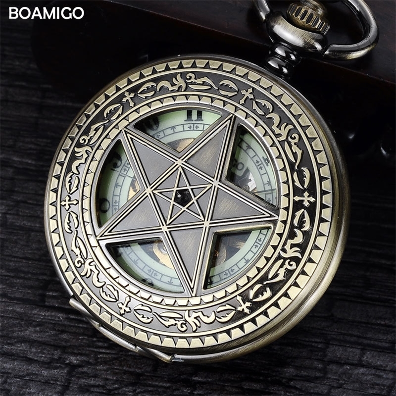 

FOB men pocket watches antique mechanical watches BOAMIGO skeleton roman number watches copper star design clock reloj hombre T200502