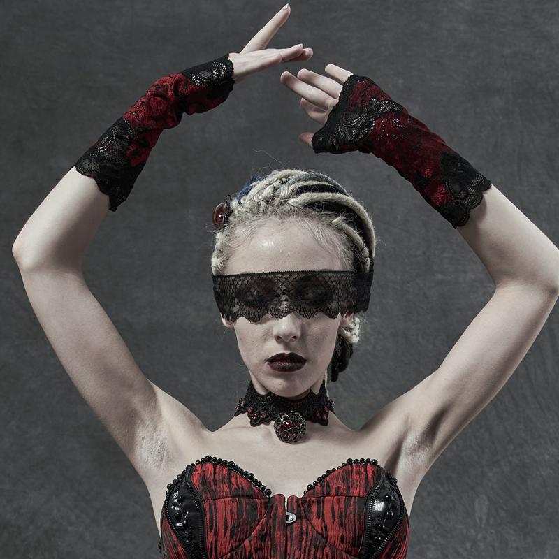 

PUNKRAVE Women's Gothic Lace Gloves Delicate Sexy Hollow Hook Lace Mesh Wave Cuffs Prom Party Gloves