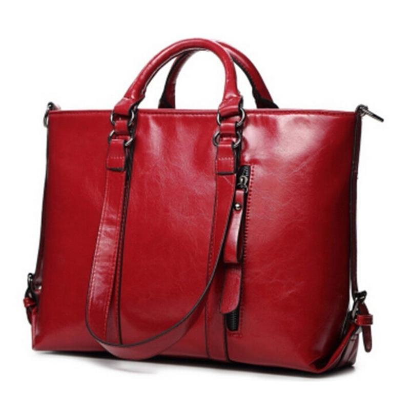 

New Women Handbag Europe And America Oil Wax Leather Shoulder Bag Solid Casual Tote Fashion Brand Leather Women Bag PA950743, Red