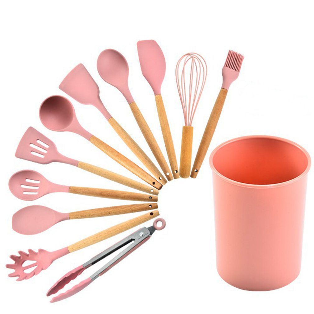 

Wooden Handle Kitchenware Spoon Salvage Scraper Shovel Clip Brush 11 Pieces Pink Silica Gel Kitchen Supplies
