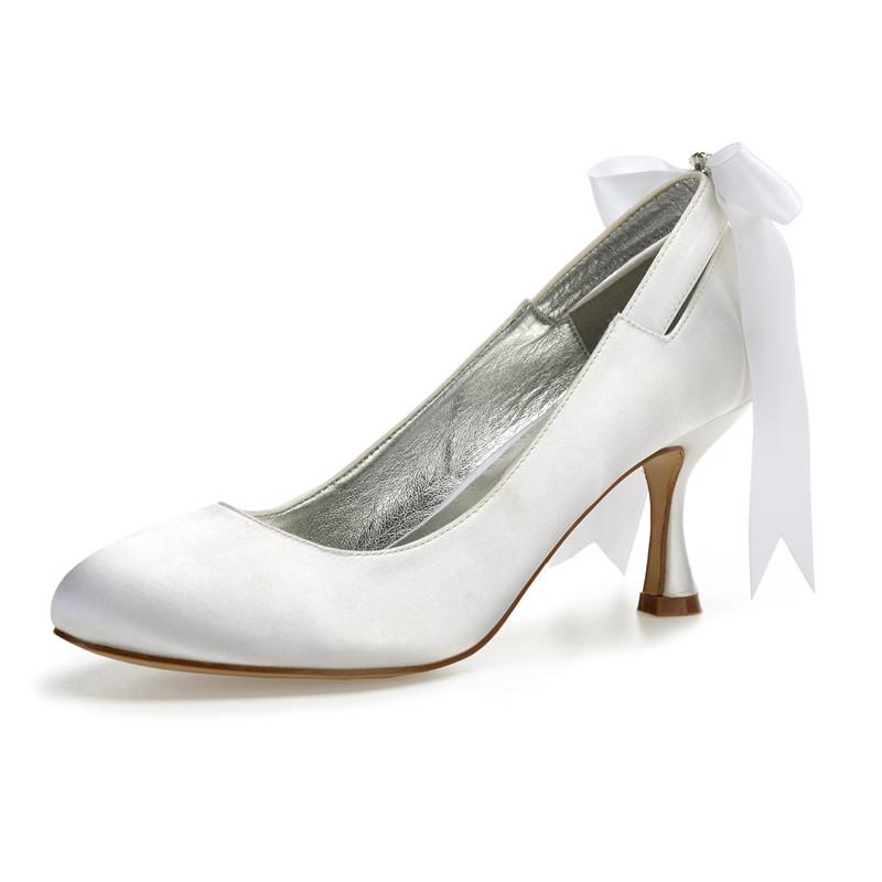 

High Heels Satin Women Wedding Shoes Round Toe Slip on Heeled Prom Evening Wedding Bridal Party Dress Pumps, Navy blue