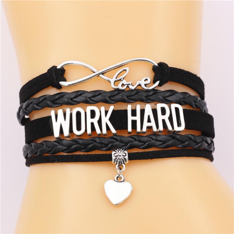 

Tennis Infinity Love WORK HARD Alphabet Bracelet Cute Heart Charm Customizable Handmade Leather Bracelets PUNK Jewelry For Men