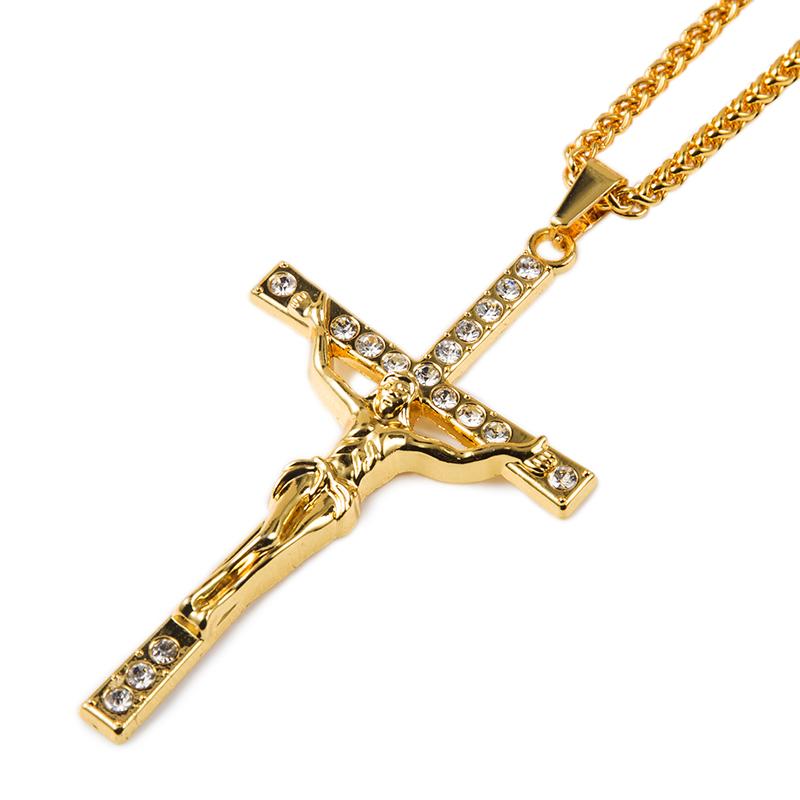 

Light Yellow Gold Color Rhinestone Cross Jesus Necklace Men Hip Hop Charm Chain 29.5in Golden Jesus Pendant Necklace 2021