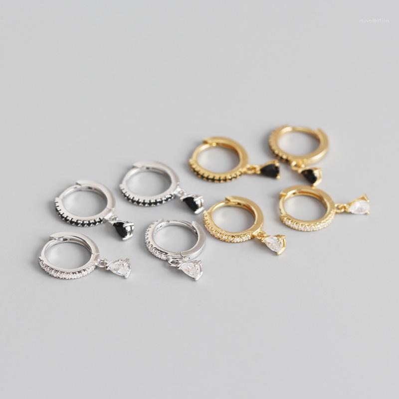 

YPAY 100% Genuine 925 Sterling Silver Hoop Earrings for Women INS White/Black Drop-shaped Zircon Pendant Circle Earring YME8291