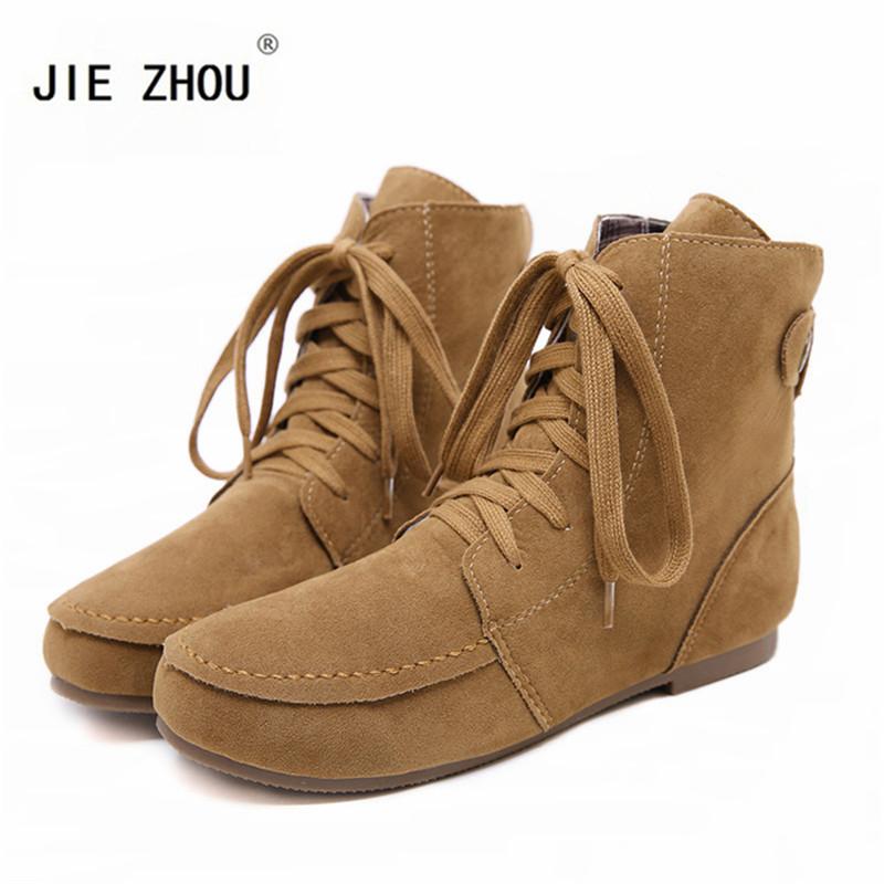 

Fashion Spring And Autumn Ladies Boots Ankle Flocking Round Head Lace Large Size 35-44, Beige