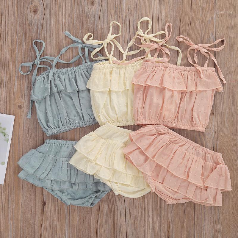 

Fashion Little Girls Outfits Summer Casual Lace Up Sling Top + Shorts Suit Solid Color 2-Piece Set1, Green