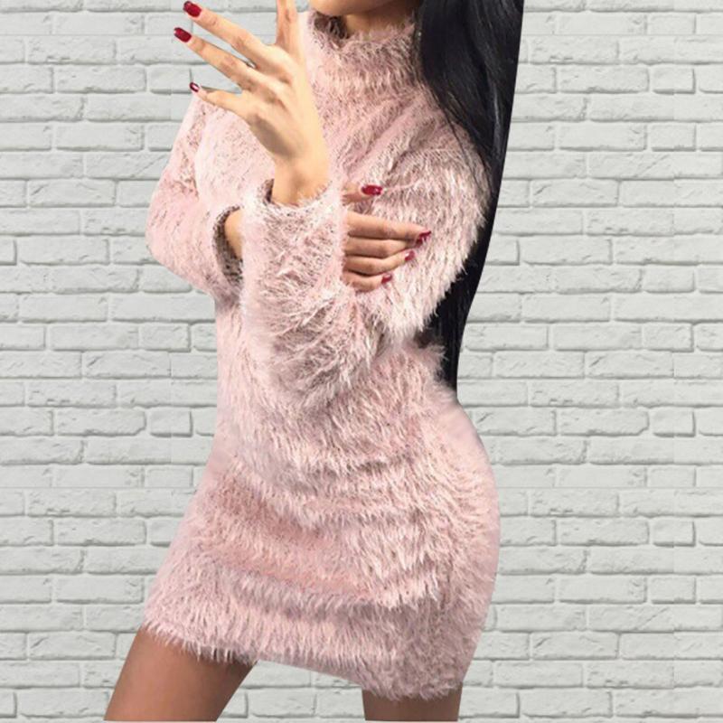 

Women' Dress Ladies Autumn Winter Fashion Sexy Long Sleeves Solid Color Turtleneck Causal Slim Mini Plush Sweater Dress Vestido, Pk