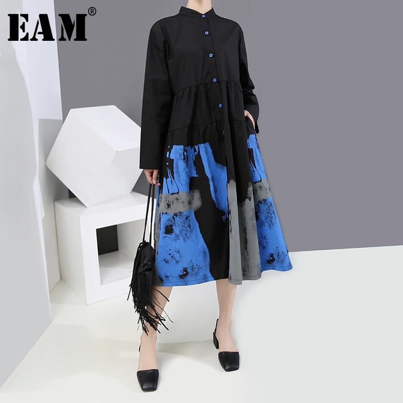 

EAM] Women Black Pattern Printed Long Shirt Dress New Stand Collar Long Sleeve Loose Fit Fashion Tide Spring Autumn 2020 1Y928