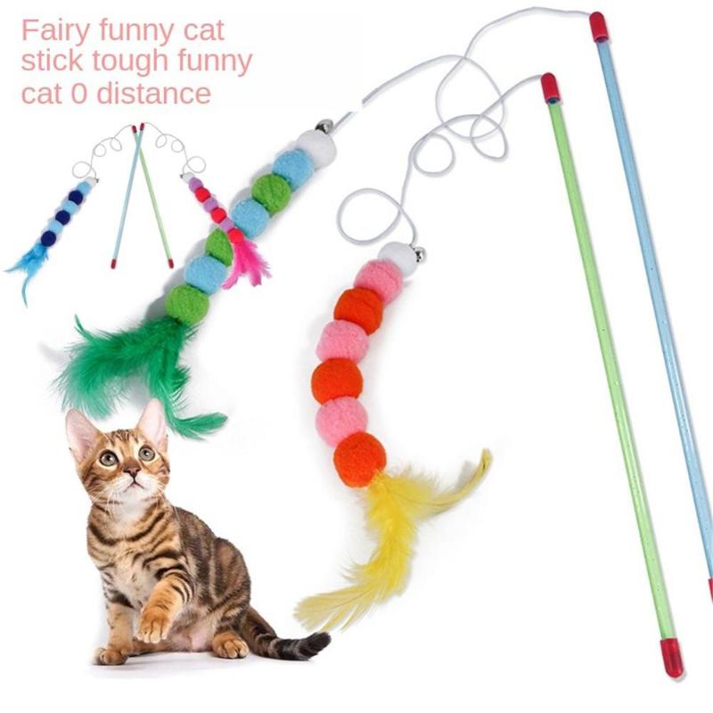 

Funny Feather Spring Kitten Cat Stick Toy Feather Rod Teaser Bell Bead Play Pet Wand Teasing with Colored Beads Pets Cats Toys