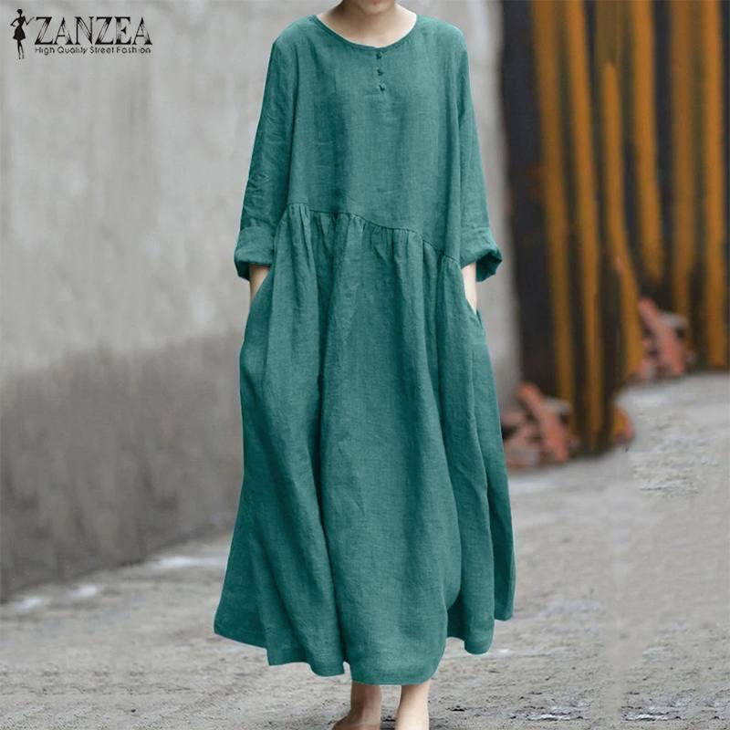 

Plus Size Vintage Cotton Linen Dress Women O Neck Long Sleeve Solid Maxi Sundress ZANZEA Autumn Kaftan Vestido Long Robe Femme, Green