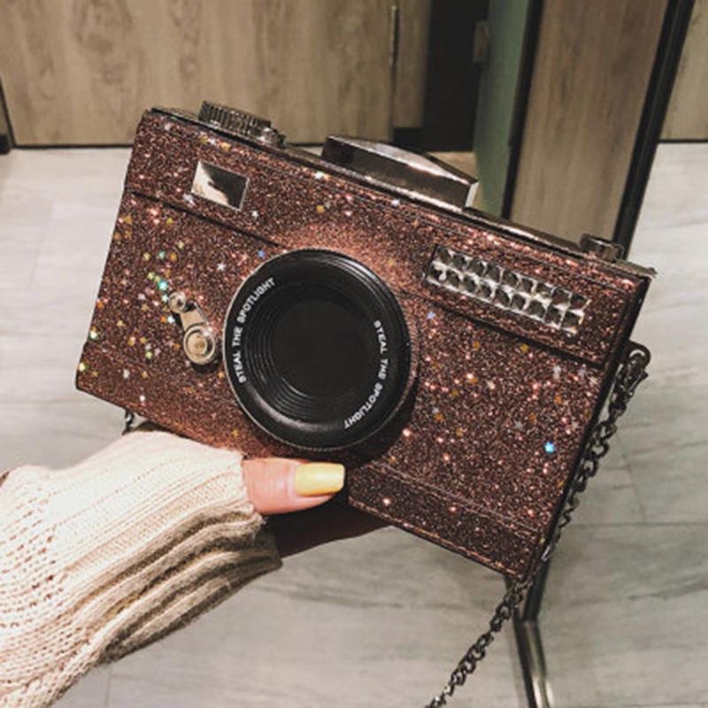 

Luxury Sequined Camera Shape Shoulder Bags Women Fashion Chains Mini Purse Bag Lady Corssbody Bag Girl Gift, Black