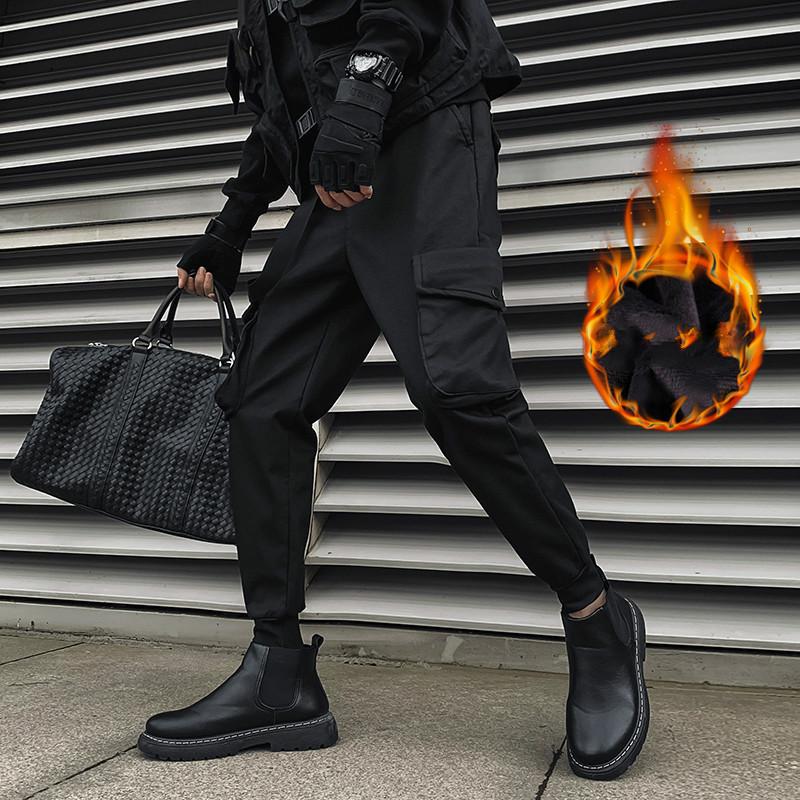 

2021Autumn winter New dark black tie-leg casual pants men's overalls pants Korean warm fleece and cashmere Black Harem Trousers