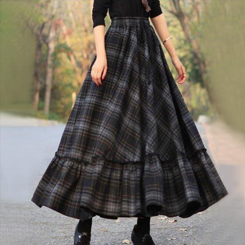 

Women Plaid Skirt 2020 Autumn Winter Retro High Waist Pleated Skirt Women Casual Maxi Female Flare Plaid Long Skirts, Black