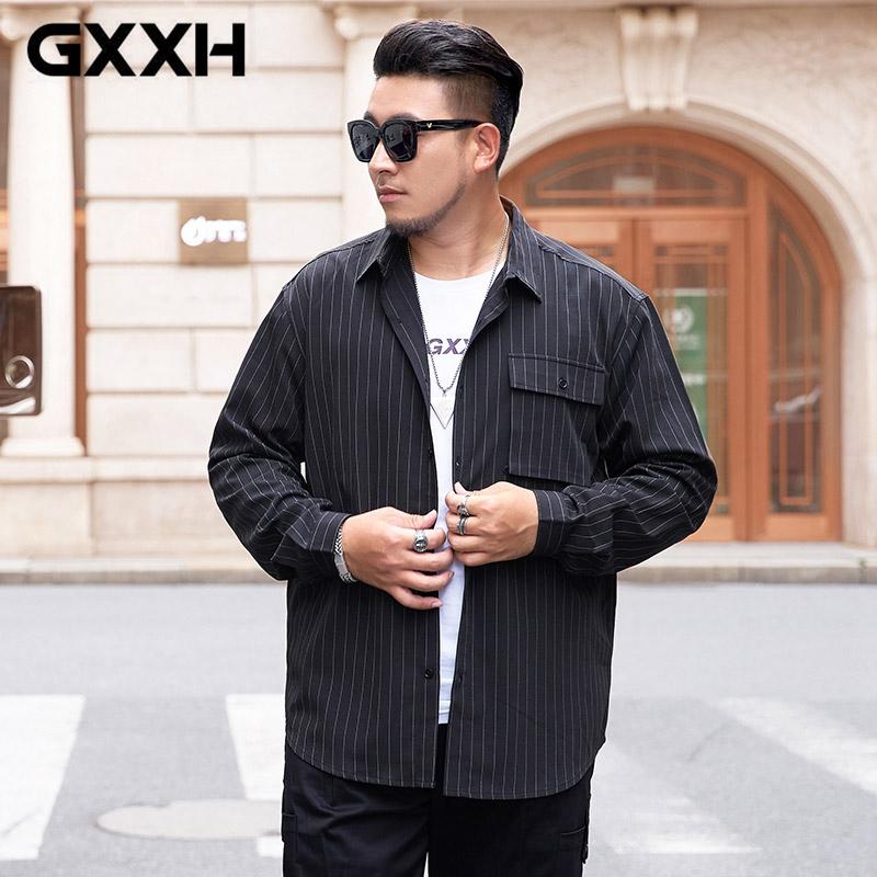 

GXXH Large Size Shirt Autumn Men's Long Sleeve Plus Size Loose Shirts Men Brand Korean Trend Casual Business Striped Shirts Male, T20515 black