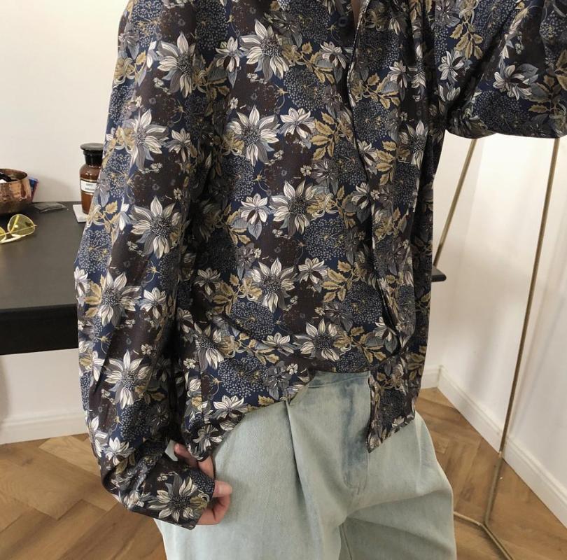 

woman classic 100% cotton shirt with flowers, As pic