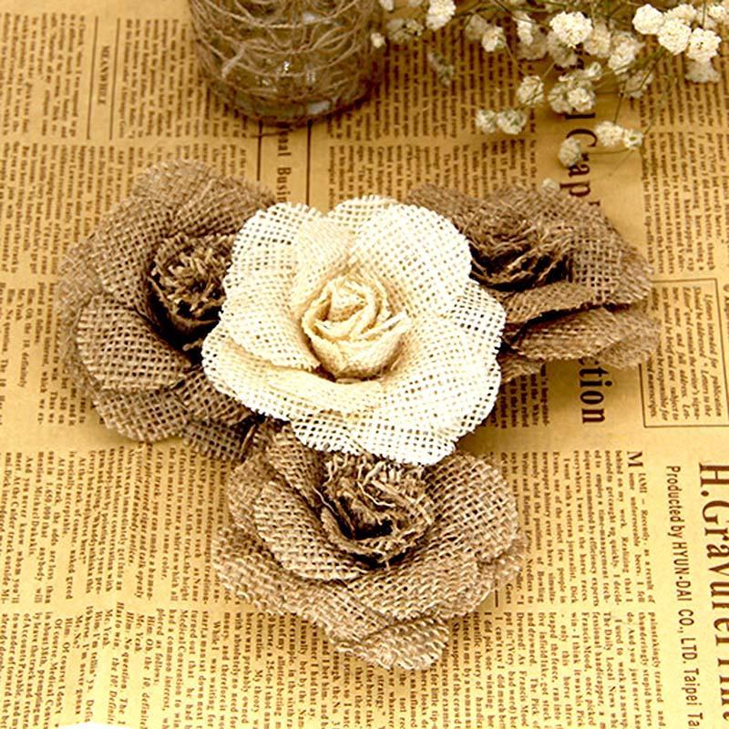 

9cm Handmade Jute Hessian Burlap Rose Flowers Vintage Rustic Wedding Christmas Birthday Party Festival Home Decoration DIY1, Random mix