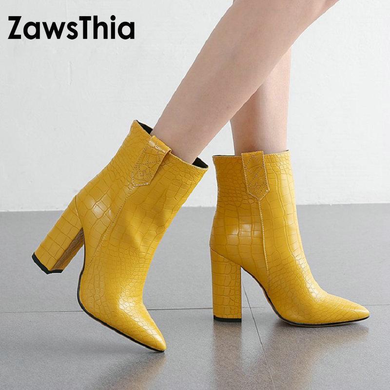 

ZawsThia 2020 new winter autumn yellow brown white woman boots block high heels shoes fashion women ankle boots booties botas1, Black