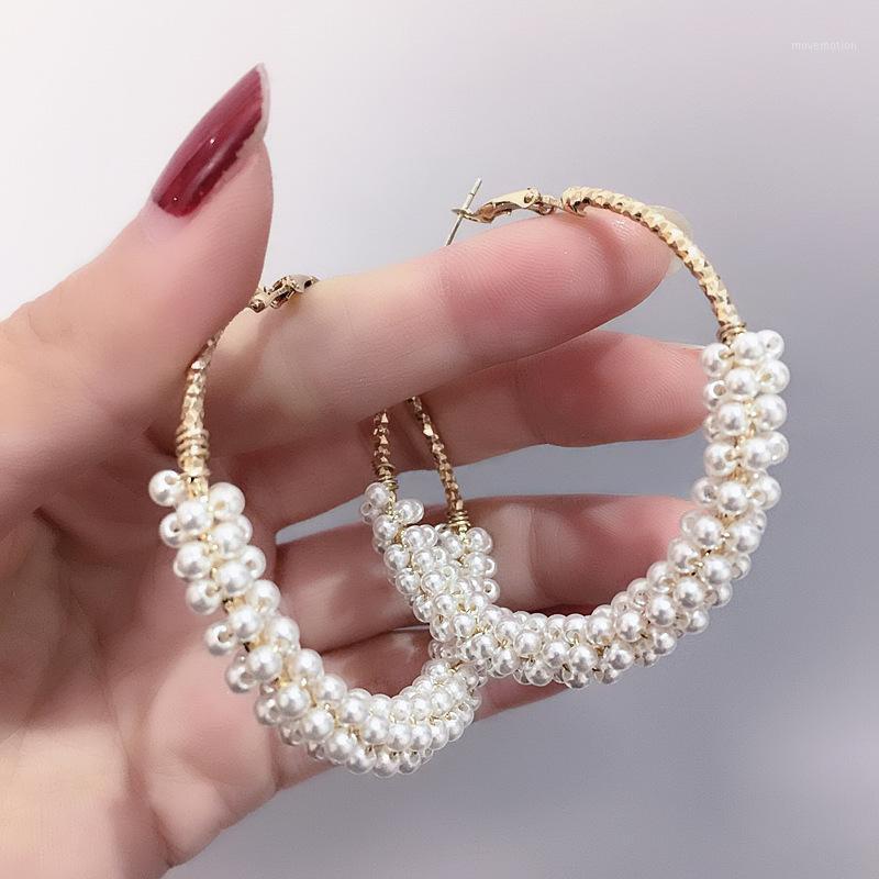 

1 Pair Fashion 50mm Big Round Loop Circle Earring New Brand Imitation Pearl Gold-color Flower Cut Loop Earrings1