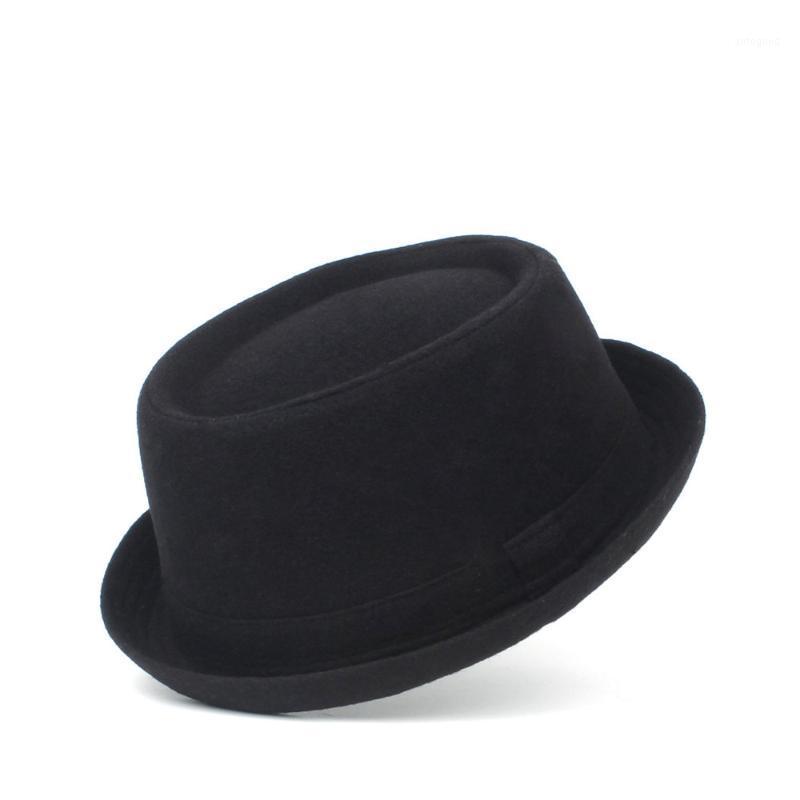 

Wide Brim Hats 100% Wool Men Pork Pie Hat For Dad Winter Black Fedora Gentleman Flat Bowler Porkpie Top Size S M L XL1