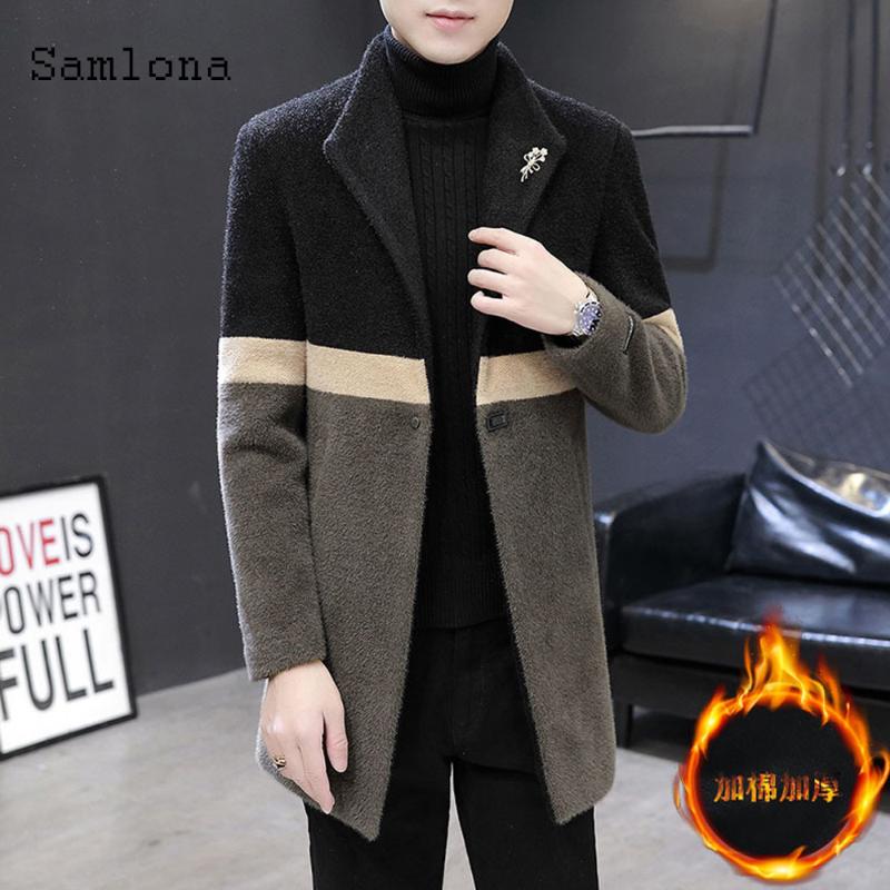 

Samlona Mens Kpop Style Long Wool Blends Coats Spring Lapel Collar retro Jacket Patchwork Outerwear Men Winter Warm Clothes 2021, Gray