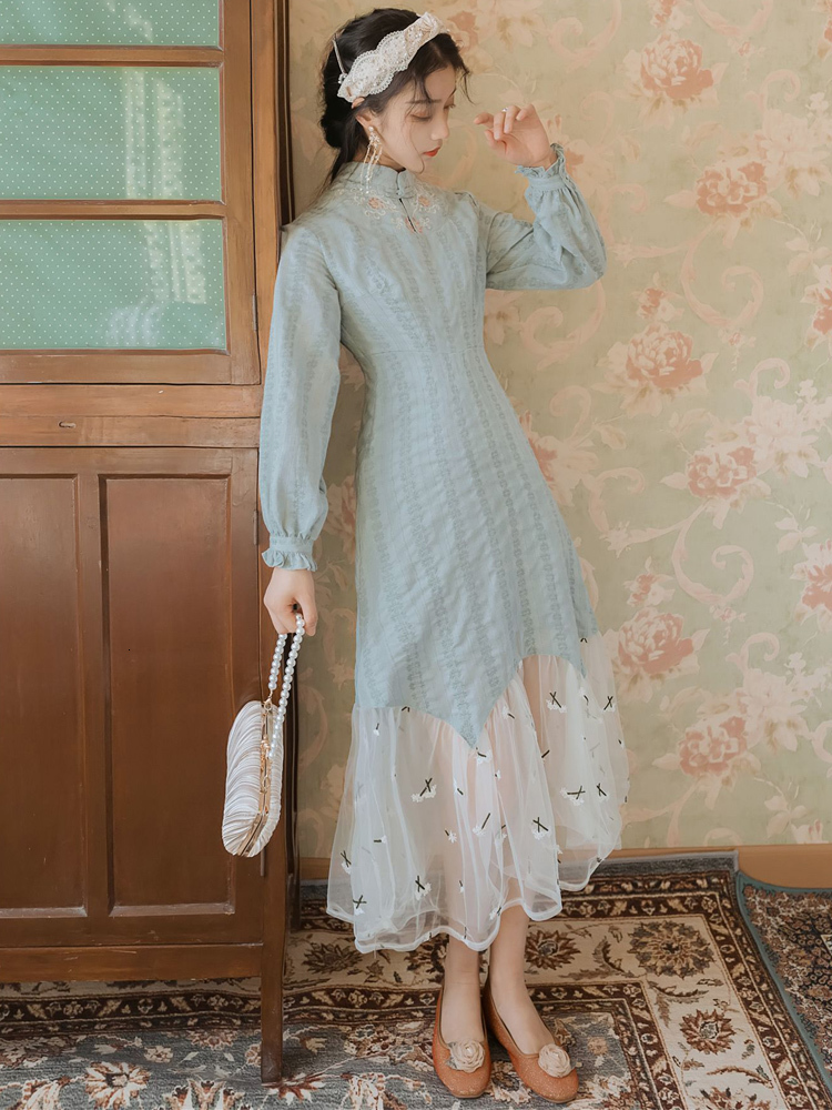 

2021 Improved Spring Cheongsam Women' Dresses Chiffon and Knitted Ladies Mid-calf' Embroidery Y0g4, Blue