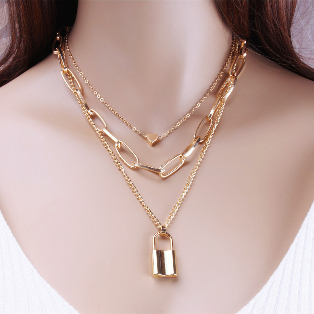 

Hip Hop Lock Heart pendant Necklace Chokers Silver gold chains multilayer wrap collar necklaces for women fashion jewelry will and sandy gift