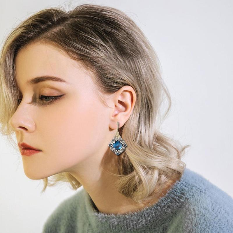 

2021 New Natural blue gem earrings natural earrings folk-custom Retro rhombus women gift fine jewelry