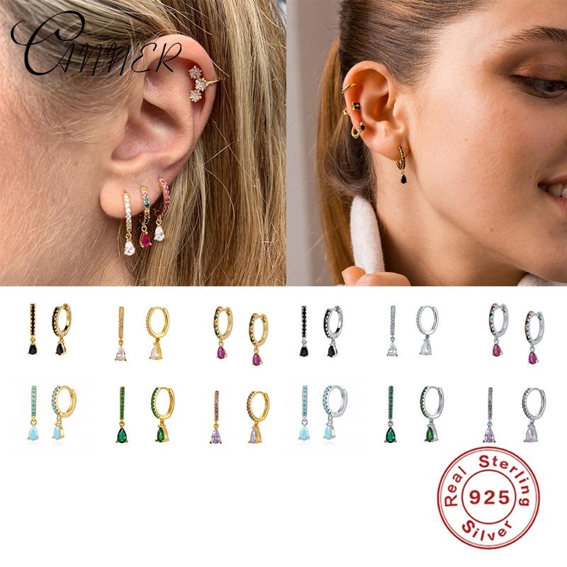 

CANNER Water Drop Colorful CZ Zircon Real 925 Sterling Silver Hoop Earrings for Women Round Earings pendientes Fine Jewelry