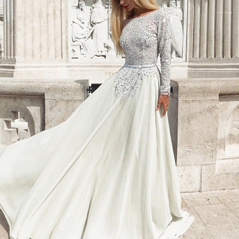 

women elegant long maxi dress for wedding party Women' Sexy Solid Color Long Sleeve Backless Sling Sequin Full Dress#g41, White