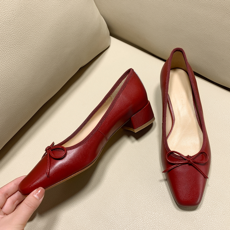

2021 Female Pumps Hot 22-25 in Solid Fashion Simplicity Leather+ Lambskin Sewing Women's Bow-knot Shoes PCJ9, Apricot.